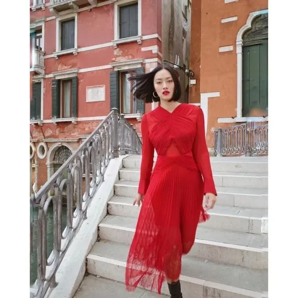 Self-Portrait | Dresses | Selfportrait Dark Red Cross Front Midi Dress |  Poshmark